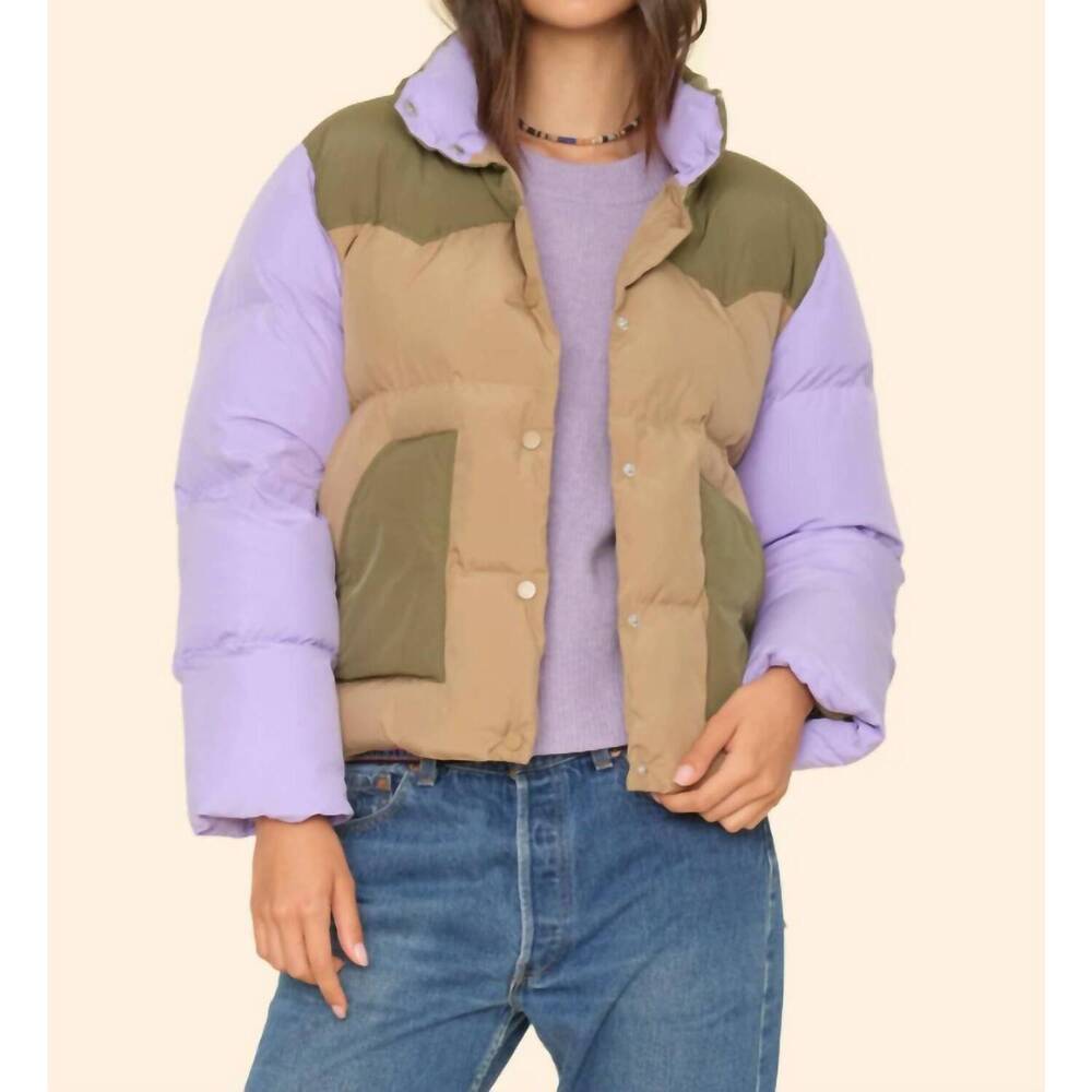 XiRENA Colorblock Puffer Jacket in Lavender, Olive & Tan
